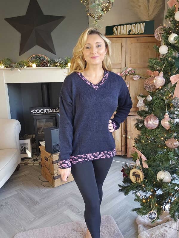 Navy v neck leopard print jumper