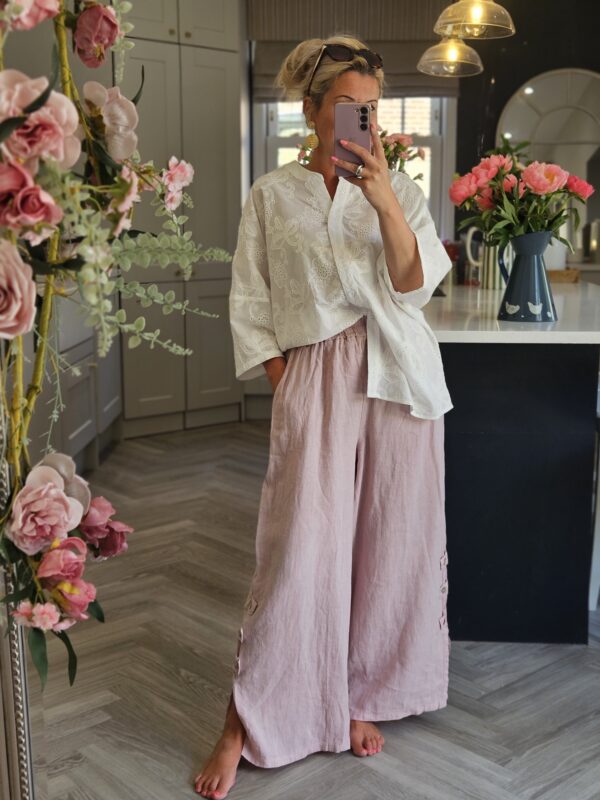 pink linen button trousers