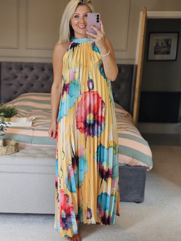 pleated maxi dress