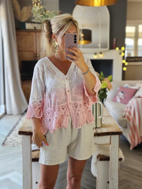 omre pink crochet cardigan