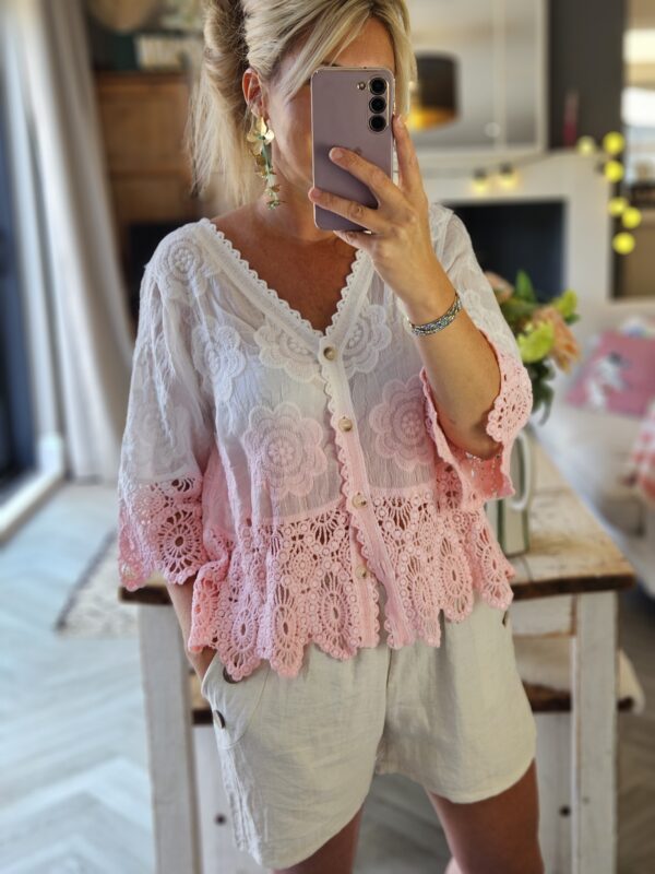 omre pink crochet cardigan
