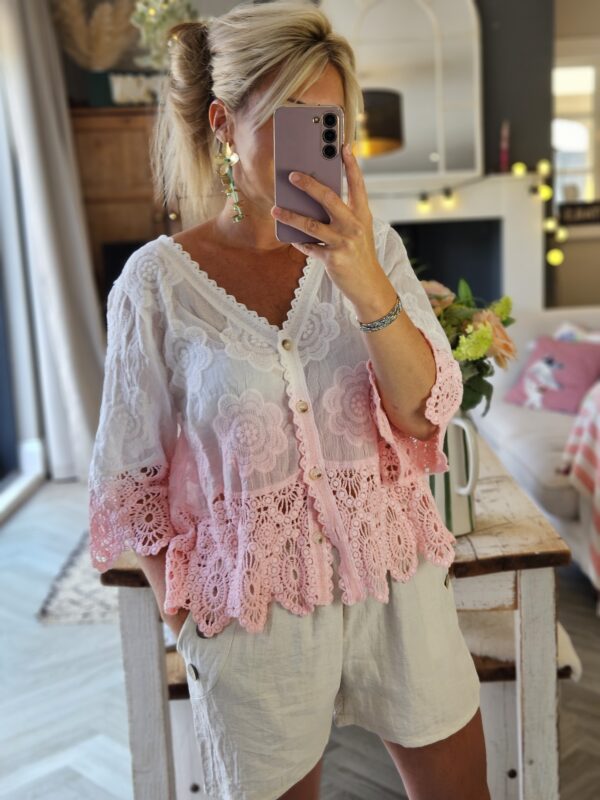 omre pink crochet cardigan