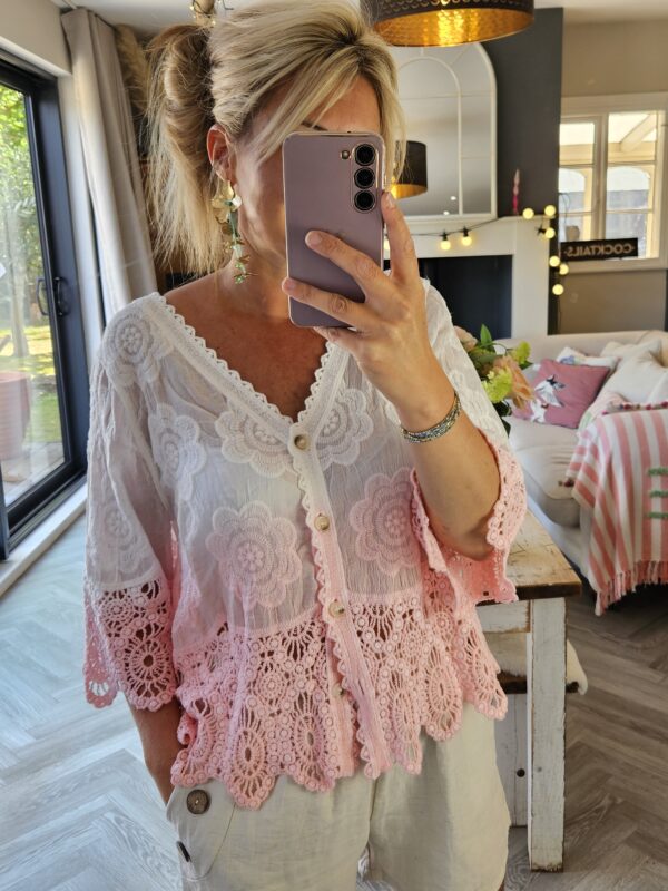omre pink crochet cardigan