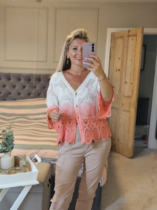 ombre coral crochet cardigan