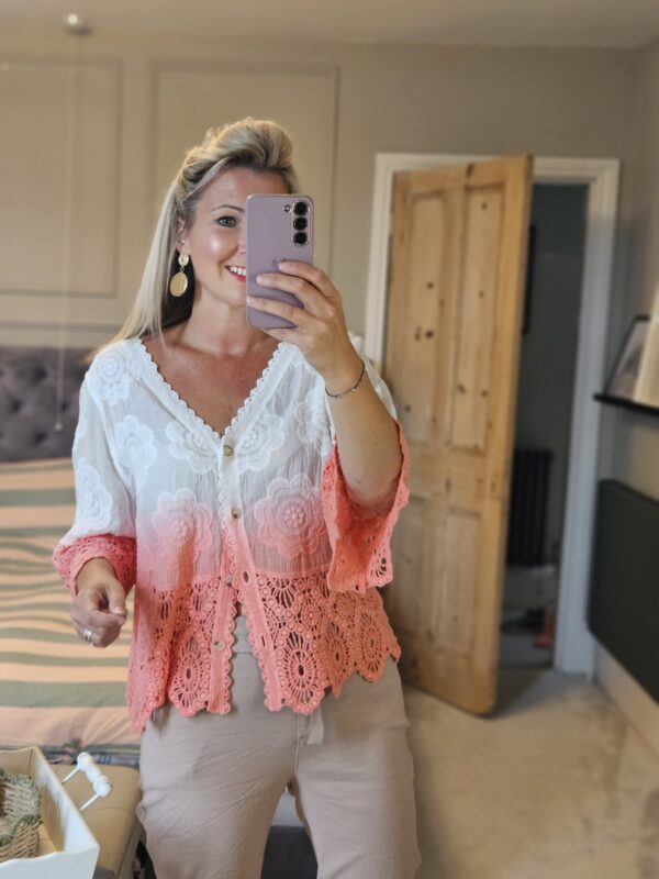 ombre coral crochet cardigan