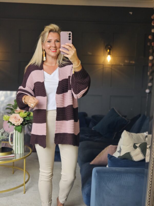 stripe cardigan brown and pink