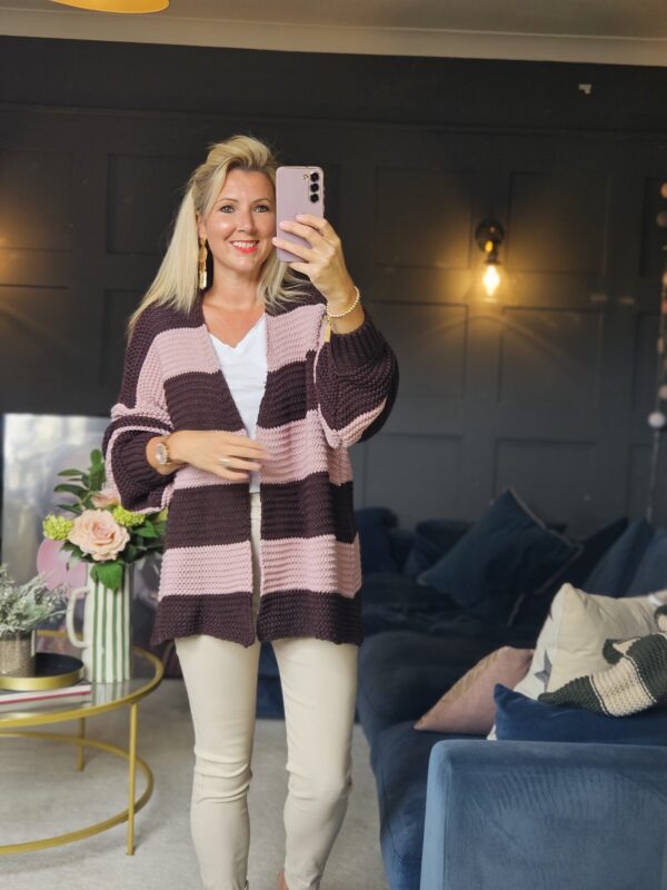 stripe cardigan brown and pink