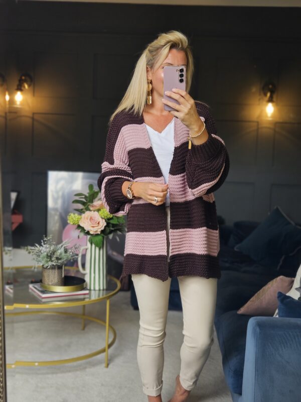 stripe cardigan brown and pink