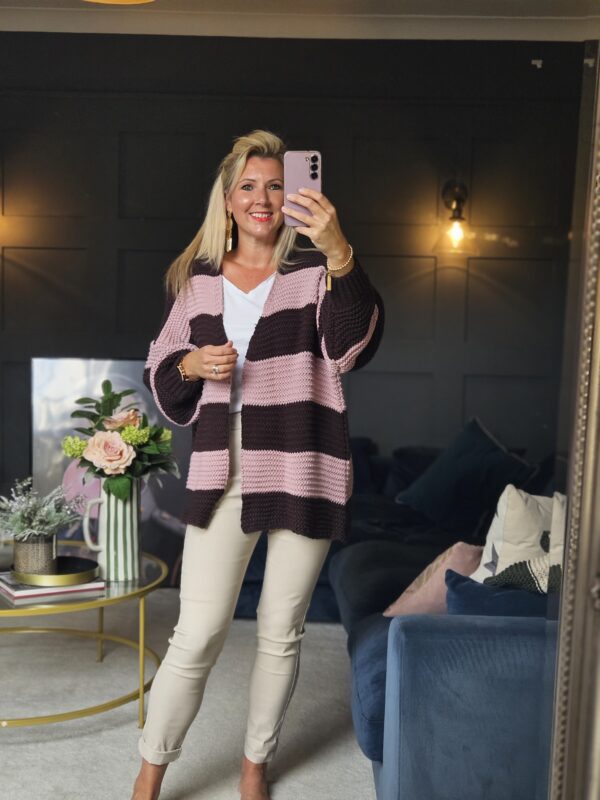 stripe cardigan brown and pink