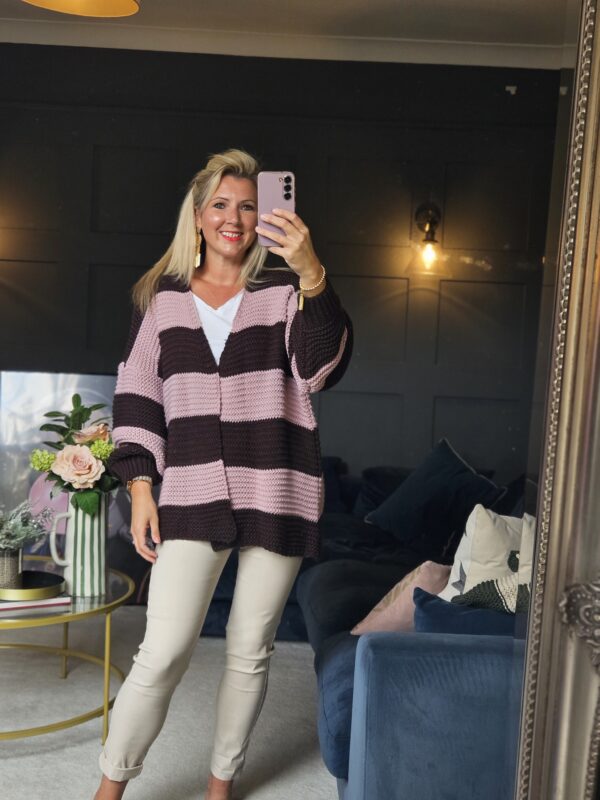 stripe cardigan brown and pink