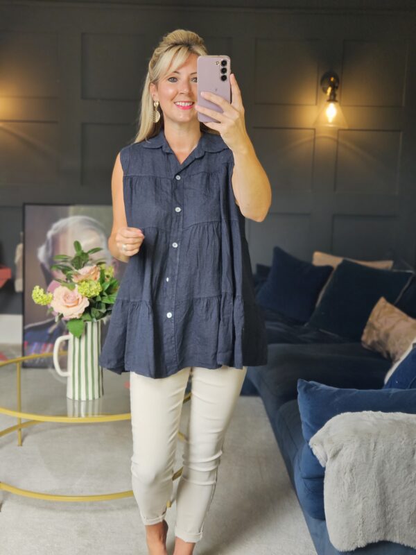 linen sleeveless top navy